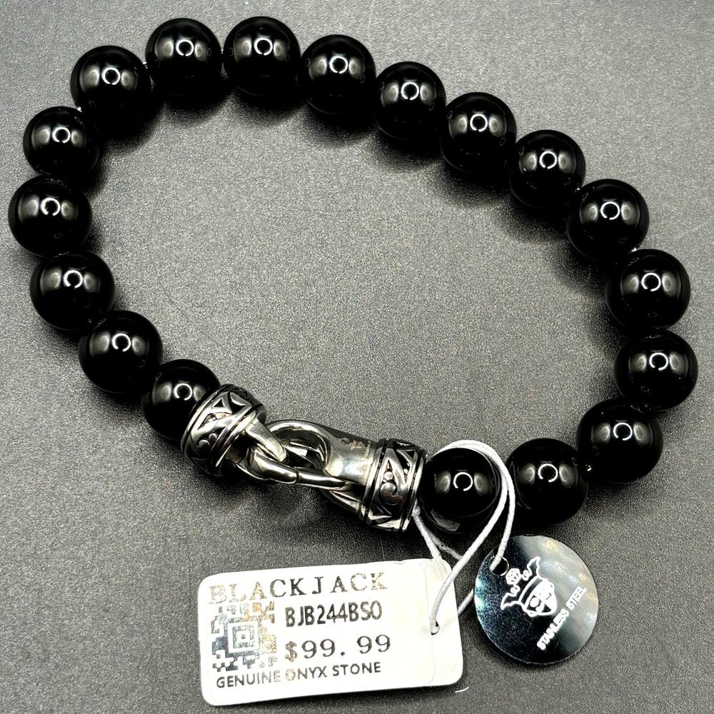 Blackjack BJS244BSO Men's Black Onyx Beaded Bracelet Stainless Steel NIBWT